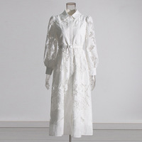 Robe midi décontractée élégante pour femmes WIWT, en dentelle blanche, à manches longues, coupe évasée, avec ceinture, pour un usage quotidien, vêtements pour femmes