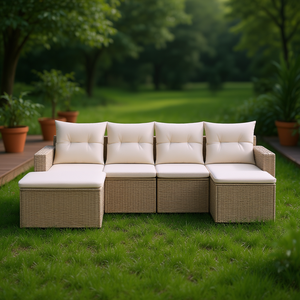 Conjunto de Sofás de Jardín Beige, Mimbre Sintético PE para Exteriores, Cojín de Espuma de Alta Densidad, Diseño Contemporáneo Impermeable - Product Image 2
