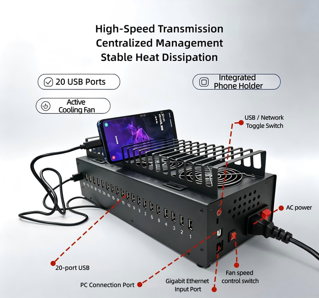 Industrial Grade 16/20 Port USB Hub 10Gbps/5Gbps PD Charging Data Hub with Individual Switch OTG for Android IOS