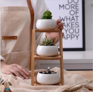 Semplice bianco nuovo carnosa pianta di ceramica piccolo ovale zakka contiene tre strati di bambù combinazione telaio in vaso vaso di fiori - Product Image 3