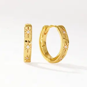 Nagosa Women Jewelry 925 Sterling Silver 18k Gold Plated Vermeil Starburst Pave Cubic Zirconia Huggie Hoop Earrings