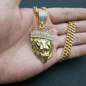 Collier pendentif tête de lion Hip Hop en acier inoxydable plaqué or avec couronne pavée de diamants, bijoux de fête pour homme - Product Image 5