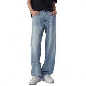 Jeans délavés sur mesure en coton de haute qualité pour hommes, pantalon décontracté tendance, coupe droite, ample, bleu clair, pantalon en denim pour hommes - Product Image 3