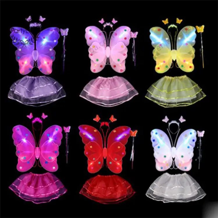 4 पीसी बच्चों की लड़कियों की परी राजकुमारी पार्टी पोशाक रंग-बिरंगी मंच पहनने वाली तितली पंख और हेडबैंड टीटू स्कर्ट