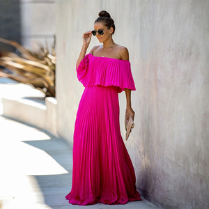 Di alta qualità Vintage bohémien Off-spalla <span class=keywords><strong>abito</strong></span> da spiaggia tinta unita <span class=keywords><strong>rosa</strong></span> <span class=keywords><strong>Midi</strong></span> Maxi volant per le donne stile elegante - Product Image 1