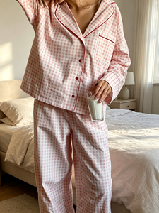 Women 100% Cotton <b>Pajama</b> Set 2026 New <b>Plaid</b> Contrast Piping Long Sleeve Long Pant Sleepwear Ladies Autumn Winter Soft Loungewear - Product Image 3