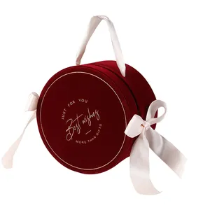 定制红色天鹅绒礼品盒婚礼花礼品包装纸盒带丝带