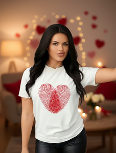 T-shirt casual da donna per San Valentino con stampa di impronte digitali a forma di cuore, manica corta, girocollo, 100% cotone, traspirante e leggera - Product Image 2