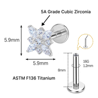 JiaXin ASTM-F136 G23 Titane Clou de lobe sans filetage à dos plat, style Medusa, pour Tragus et Lobe, avec incrustation de zircon en forme de fleur, 16G