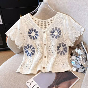 Women's <strong>White</strong> Bohemian Crochet <strong>Shrugs</strong> Short Sleeve Knitted <strong>Cardigan</strong> with Hollow Out Button for Summer Vacation Swimsuit Cover-Up - Product Image 2