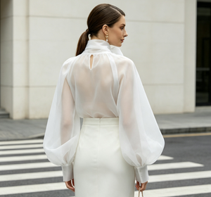 Ensemble 2 pièces pour femmes grandes tailles, chemisier transparent à manches bouffantes avec nœud, <span class=keywords><strong>jupe</strong></span> <span class=keywords><strong>crayon</strong></span> mi-longue, tenue de soirée élégante pour femmes - Product Image 6