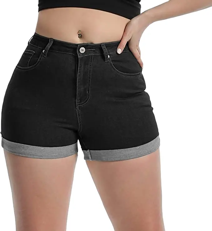 Shorts de denim de cintura baixa personalizado, preto com botões apertados, para mulheres, elástico, estilo simples, calças curtas com bolso