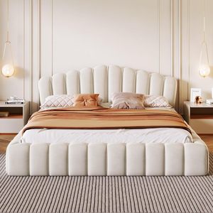 Bedroom Guestroom Shell-Shaped Headboard Beige Velvet Upholstered <strong>Floor</strong> <strong>Bed</strong> Queen Platform <strong>Bed</strong> <strong>Frame</strong> with Wooden Slat Support - Product Image 3