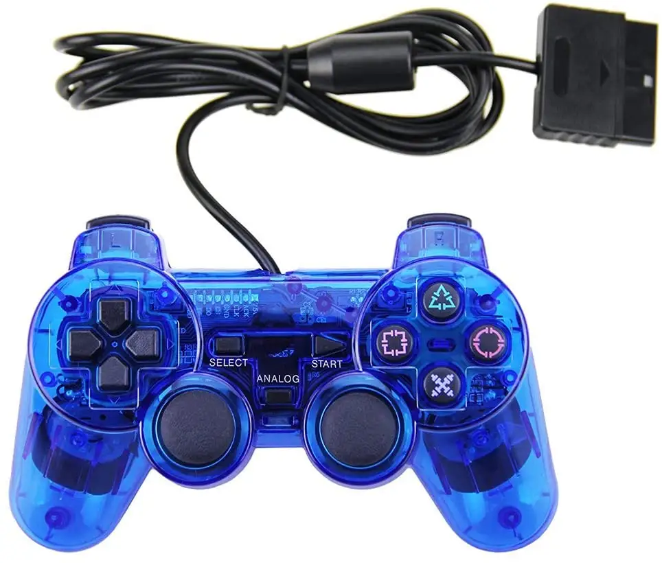 บลูสายควบคุมการสั่นสะเทือนคู่ช็อก Gamepad สำหรับ Playstation 2จอยสติ๊ก