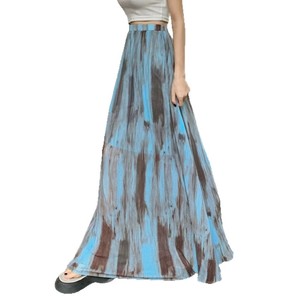 Tie-Dye Pleated Midi Skirt Women Chiffon A-Line Flowing Regular Waist Black Lined Summer Style - Product Image 5