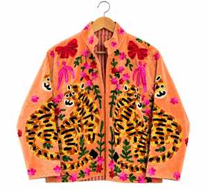 Premium Peach <b>Velvet</b> Handmade Tiger Bomber <b>Jacket</b> <b>Women</b> Quick Dry Breathable Winter V-neck Designer Outerwear B2B Wholesale Expo - Product Image 5