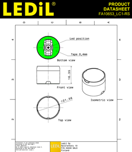 Ledils FA10653_LC1-RS LEILA Lentille de focalisation à 6 degrés 21,6 mm de diamètre 16,5 mm de hauteur Optique LED en PMMA avec ruban adhésif - Product Image 4