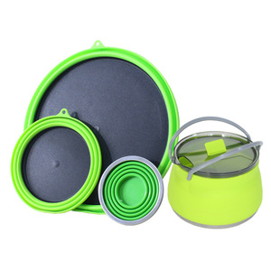 Collapsible Silicone Cookware Set with Stainless Steel Pot Green Eco-Friendly Portable Kitchenware for Outdoor Use - Product Image 1