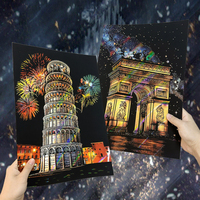 Papel de Rascar con Paisaje Nocturno de Arquitectura Colorida, Regalo Creativo de Cumpleaños con Mapa del Mundo y Tarjeta con Diseño de Amor Incluida