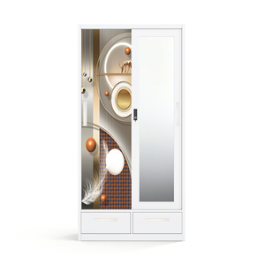 Armario de Acero con Diseño Estampado, Puertas Corredizas con Espejo y Dos Cajones Inferiores de 900 mm para Dormitorio - Product Image 1