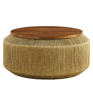 Mesa de Centro Redonda Tapizada en Mimbre Tejida a Mano con Almacenamiento, Fácil de Montar - Muebles para Sala de Estar - Product Image 1