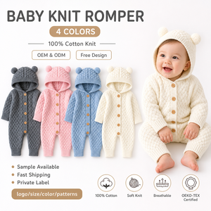 Tutine per Neonati Maschi Primavera-Autunno in <span class=keywords><strong>Cotone</strong></span> e Acrilico, <span class=keywords><strong>Pagliaccetti</strong></span> per Neonati, Tutina con Cappuccio Lavorata a Maglia - Product Image 1