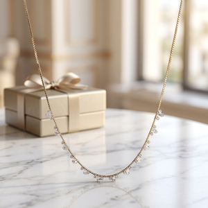 Collier de perles en or massif 18 carats avec diamant de laboratoire taille brillant rond 2 carats, style tendance pour femme et jeune fille, cadeau d'anniversaire - Product Image 1