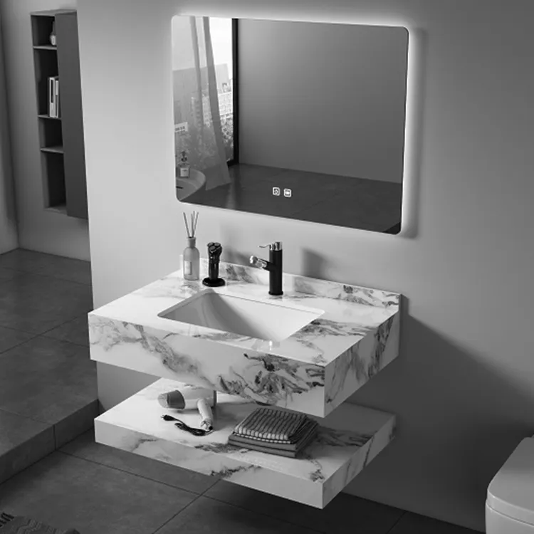 Hot Selling Luxury Marble Rock Slab Bathroom Vanity Sintered Stone Bathroom Cabinet with LED Mirror