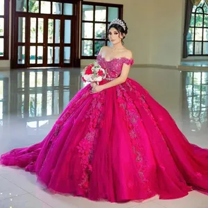 Mumuleo fucsia princesa vestido de baile vestidos de quinceañera fuera del hombro 3D flores apliques dulce 16 vestido Vestidos De 15 Anos encaje