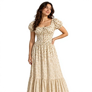 Vestido maxi beige con estampado floral y mangas abullonadas fruncidas para mujer - Product Image 1