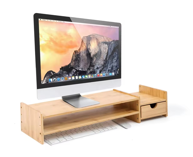 Adjustable Bamboo Wood Desktop Storage Organizer Monitor Stand Riser Drawers for School Computer Use Multi-functional Save Space