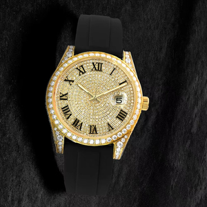 Premium Men Luxury Automatic Mechanical <b>Watch</b> Gold Moissanite Inlaid Dial <b>Rubber</b> Strap Roman Numeral Business Waterproof <b>Watch</b> - Product Image 1