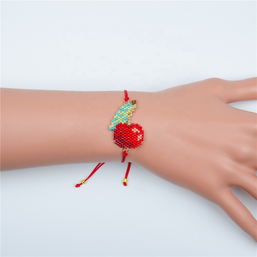 Pulseiras Miyuki Artesanais com Charme de Cereja Vermelha Lancui
