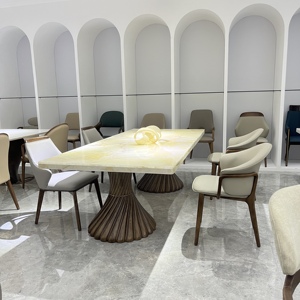 Tùy chỉnh cao cấp đá tự nhiên đồ nội thất hiện đại ngọc tự nhiên hình chữ nhật đá cẩm thạch bàn ăn rắn chân gỗ 2.4 mét - Product Image 4