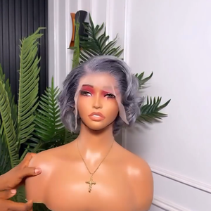 วิกผมบ๊อบสั้นสีเทาแบบ <span class=keywords><strong>Pixie</strong></span> Cut ขนาด 13*4  วิกผมหน้าผากโปร่งใสแบบ Lace Front  ความหนาแน่น 180%  ทำจากผมแท้ของชาวอินเดีย สำหรับผู้หญิง - Product Image 4