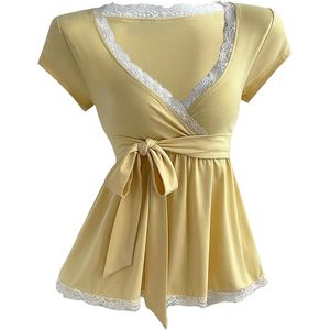 Women's Y2K Lace Peplum Top <b>Bow</b> Tie Front Wrap V Neck Short Sleeve Satin Blouse Everyday Wear - Product Image 1