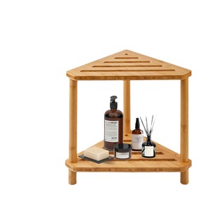 Bathroom Stool Bamboo Corner Double Layer Fan Shaped <b>Storage</b> <b>Rack</b> For <b>Shower</b> With Natural Wood Color - Product Image 2