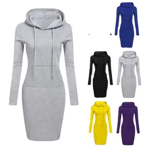 2024 Fabrieksprijs Mode Effen Zakken Pullover Casual Hoodies Dames Lange Mouw Hoodies Jurk