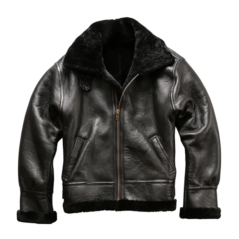 custom made OEM leather oversized shearling moto winter black real sheepskin fur coat mens bomber jackets