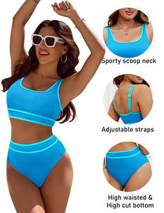 Alta calidad azul Colorblock cuello cuadrado cintura alta Bikini Tank Bra conjunto de 2 piezas con logotipo frontal ropa de playa traje de baño al por mayor - Product Image 3