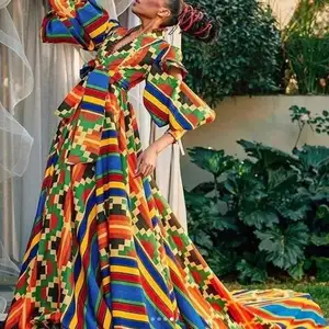 アフリカの女性のダシキプリントVネックアフリカの女性のロングドレス長袖パーティーアンカラドレスローブ