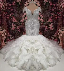 Customized African Bridal Mermaid Rhinestone Lace Tutu Skirt Plus Size Wedding Dresses Ruffles Beaded Crystal 2024 Bridal Gowns