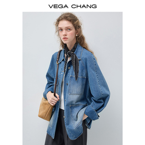 Vega Chang Giacca Casual Mini in Denim Americano Retrò, Blu Brillante con Sciarpa a Pois, Stile Unico e Sofisticato per il Pendolarismo, Design Non Ripetitivo - Product Image 2