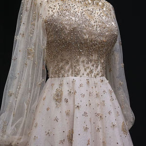 Jancember LSZ083 мусульманское вечернее платье цвета шампанского с высоким воротником и расклешенными рукавами - Product Image 5