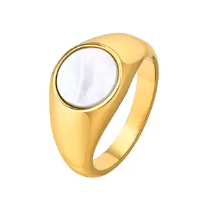 Mode Simple Style Rond Conception Femmes Anneau 18K Plaqué Or En Acier Inoxydable Ovale Shell Bague