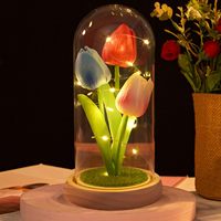 Tulipán Artificial Iluminado en Cúpula de Cristal, Girasoles Artificiales en Cúpula de Cristal con Tira de LED, Rosa Preservada en Cúpula de Cristal