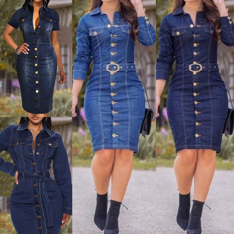 Hot Sale Summer Denim Dress Womens Casual Dresses Button up Belted Long  Sleeve Bodycon Knee-length Dress for Ladies