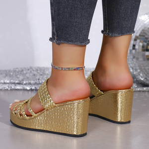 Sandales compensées dorées pour femmes à lanières tressées effet croco, <span class=keywords><strong>mules</strong></span> à plateforme à bout ouvert, à enfiler, chaussures décontractées pour l'été, la plage et les soirées - Product Image 4