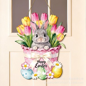 Easter Bunny Flower Door Hanging Sign Wooden Decor Home Indoor Spring Decoration - Product Image 1