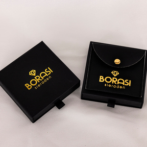 Custom Logo Black Leather Jewelry Pouch with Button Closure and Square Jewelry Packaging Box Premium <b>Gift</b> Set - Product Image 1